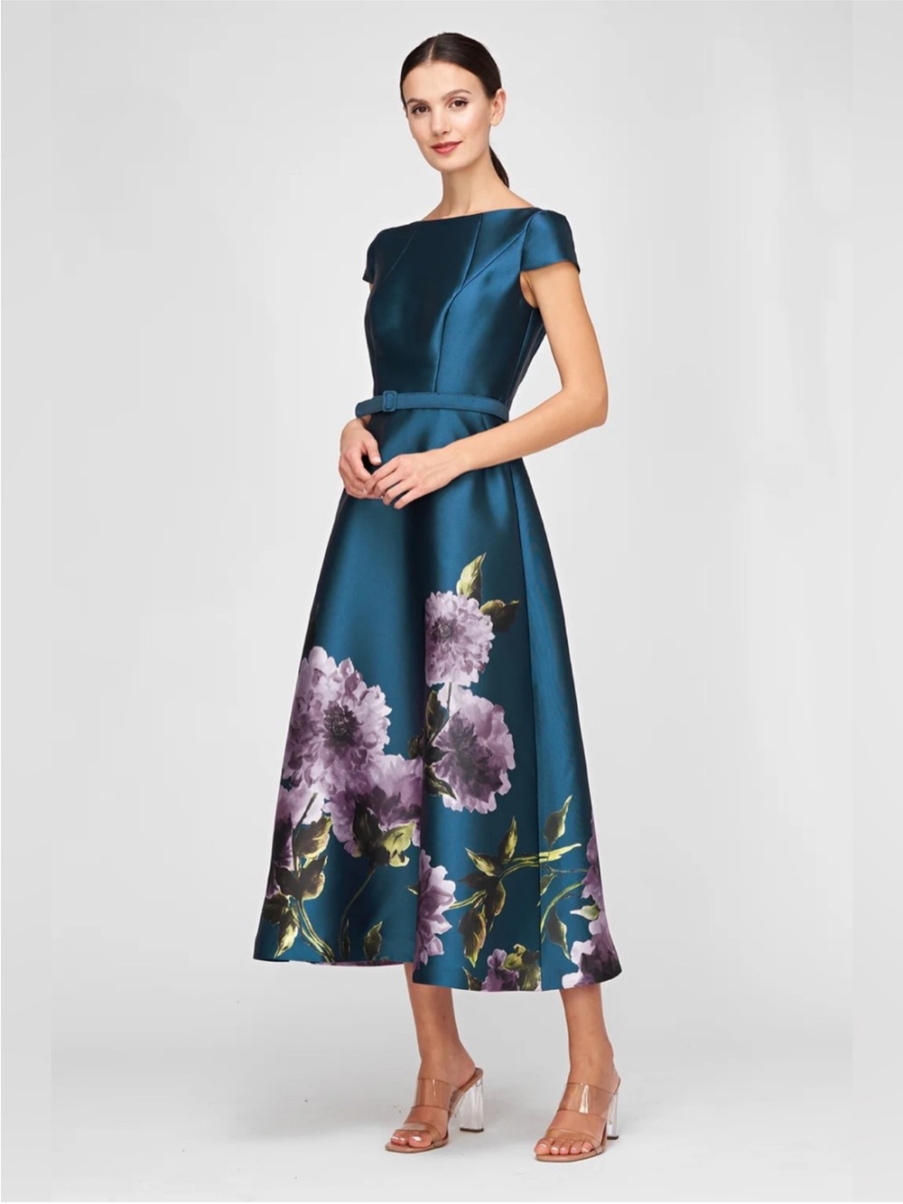 New Kay Unger Ina Belted Cocktail Dress Teal blue color - Picture 3 of 6
